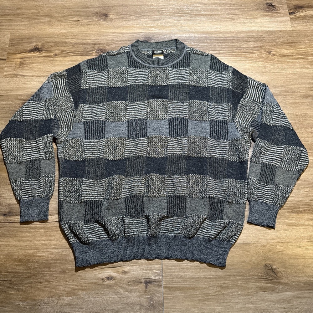 Vintage Neiman Marcus Men's LARGE Stretch Sweater Gray Brown Wool Blend ITALY